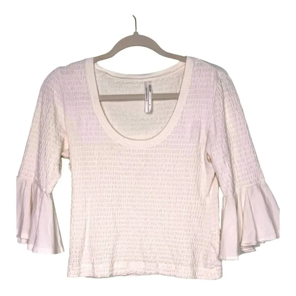 Anthropologie Womens Cream Scoop Neck Smocked Bell-Sleeve Blouse Size X-Small